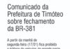 Comunicado da Prefeitura de Timóteo sobre fechamento da BR381