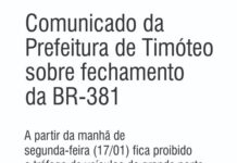 Comunicado da Prefeitura de Timóteo sobre fechamento da BR381