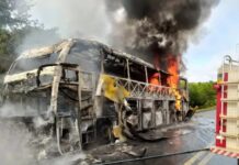 Ônibus de viagem pega fogo e fica completamente destruído na BR-251