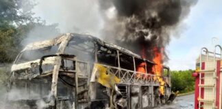 Ônibus de viagem pega fogo e fica completamente destruído na BR-251