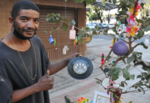 Morador em situação de rua cria obra de arte curiosa em árvore em BH
