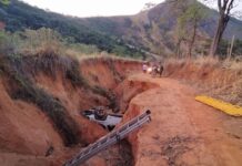 ACIDENTE NO VALE DO AÇO Carro “mergulha” em cratera de estrada